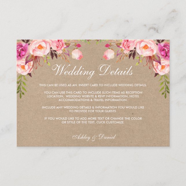 Kraft Floral Pink Wedding Details Insert Card (Front)