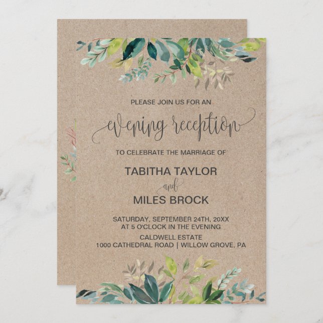 Kraft Foliage | Monogram Backing Evening Reception Invitation (Front/Back)