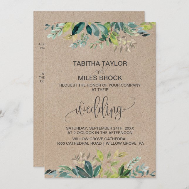 Kraft Foliage | Monogram & Details Backing Wedding Invitation (Front/Back)