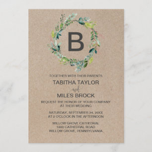 Kraft Foliage Monogram Wreath Wedding Invitation