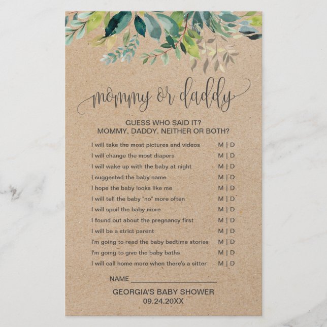 Kraft Foliage Mummy or Daddy Game (Front)