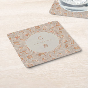 Kraft gold Lace rustic country wedding monogram Square Paper Coaster