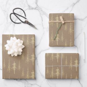 Kraft Gold Woodland Scraggly Sparse Spruce Trees Wrapping Paper Sheet