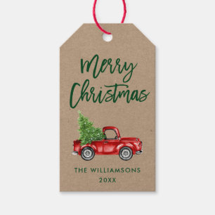 Kraft Green Brush Script Christmas Vintage Truck Gift Tags
