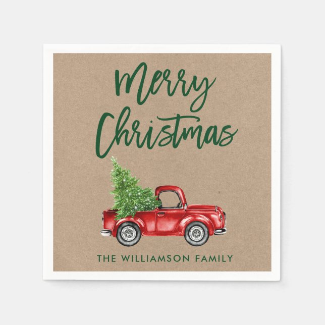 Kraft Green Brush Script Christmas Vintage Truck Napkin (Front)