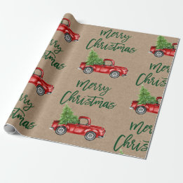 Kraft Green Brush Script Christmas Vintage Truck Wrapping Paper