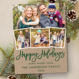 Kraft Green Brush Script Happy Holidays 4 Photo Postcard