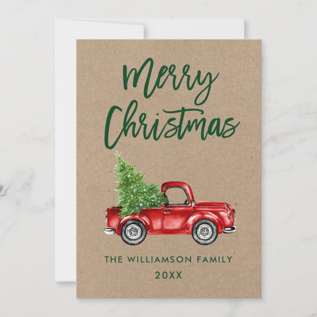Kraft Green Brush Script Vintage Truck Christmas Holiday Card (Front)