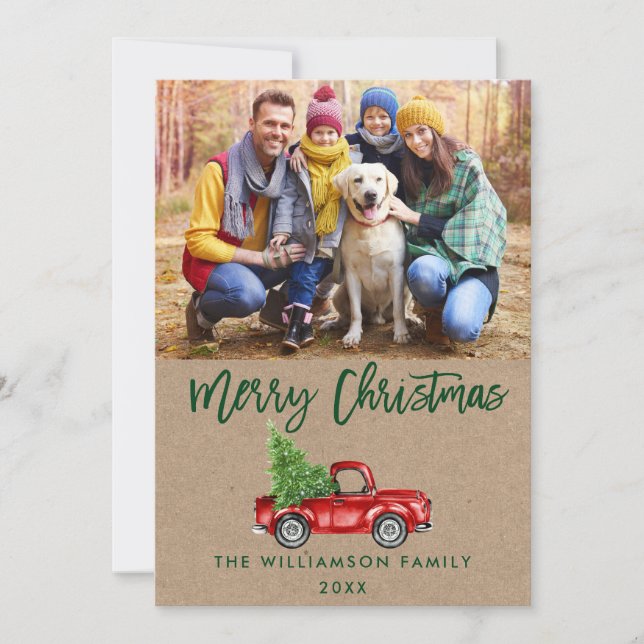 Kraft Green Brush Script Vintage Truck Christmas P Holiday Card (Front)