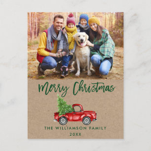 Kraft Green Brush Script Vintage Truck Christmas Postcard