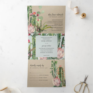 KRAFT GREY FLORAL CACTI FOLIAGE WATERCOLOR WEDDING Tri-Fold INVITATION