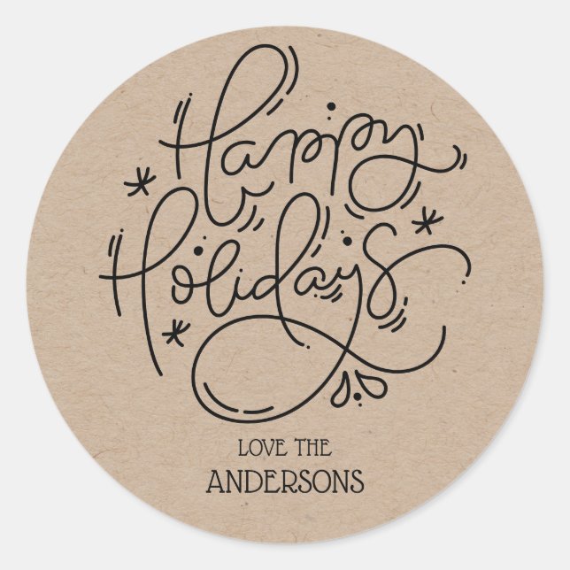 Kraft Happy Holidays Handwritten Script Envelope Classic Round Sticker (Front)
