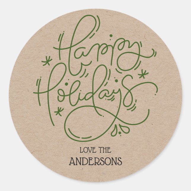 Kraft Happy Holidays Handwritten Script Envelope Classic Round Sticker (Front)