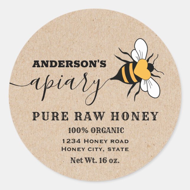 Kraft heart bee  script apiary honey jar label (Front)