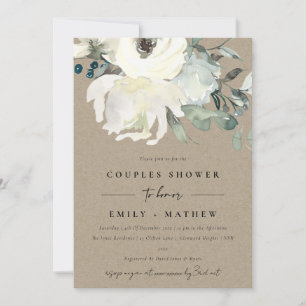 KRAFT IVORY WHITE FLORA WATERCOLOR  COUPLES SHOWER INVITATION