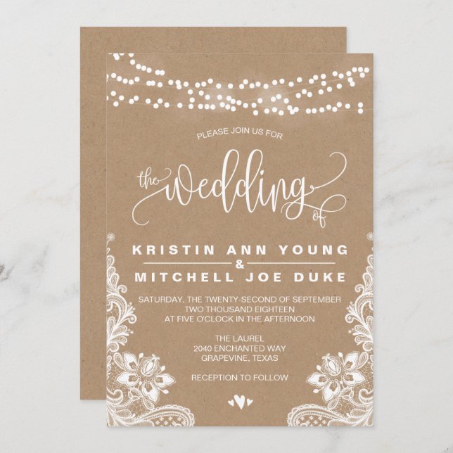 Kraft Lace and Lights Rustic Wedding Invitation (Front/Back)