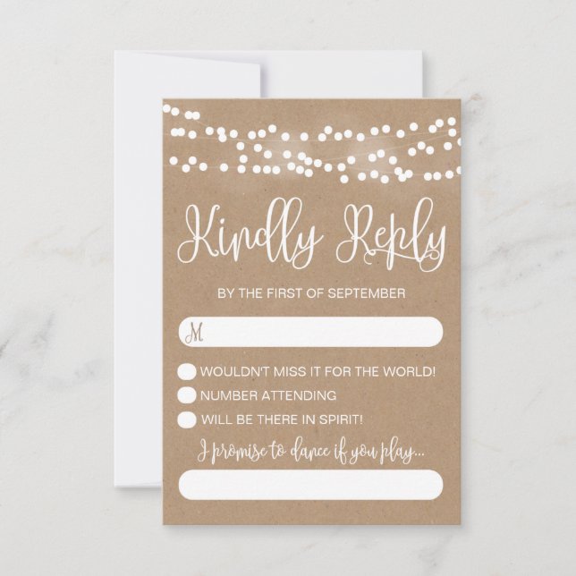 Kraft Lace and Lights Rustic Wedding RSVP Card (Front)