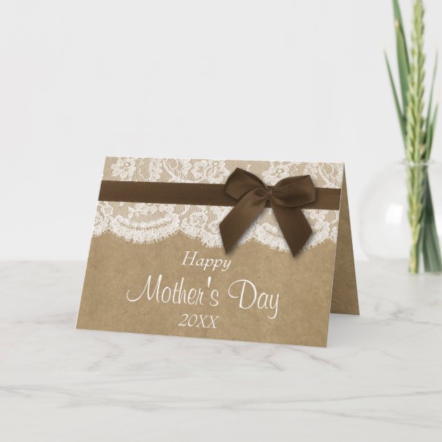 Kraft, Lace & Brown Bow Happy Mother's Day Card (Front)