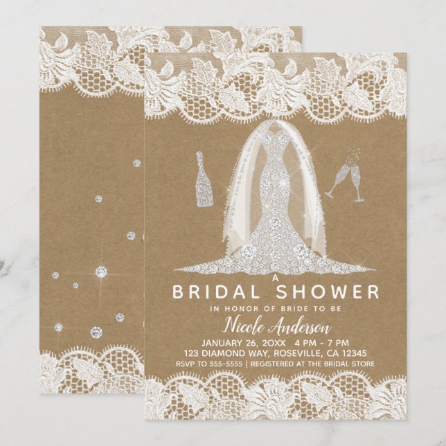 Kraft & Lace Diamond Wedding Dress Bridal Shower Invitation (Front/Back)