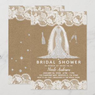 Kraft & Lace Diamond Wedding Dress Bridal Shower Invitation