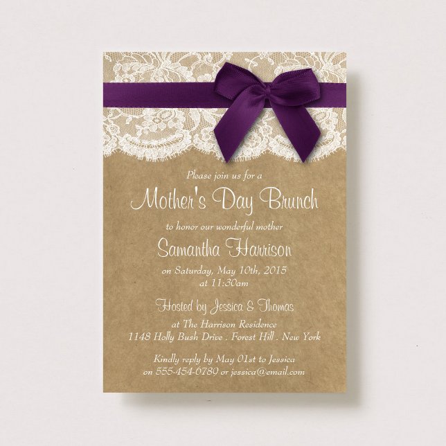 Kraft, Lace & Purple Bow Mother's Day Brunch Invitation (Creator Uploaded)
