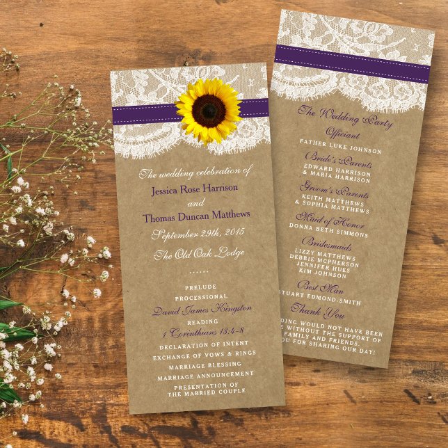 Kraft, Lace & Purple Sunflower Wedding Programs Rack Card (Creator Uploaded)