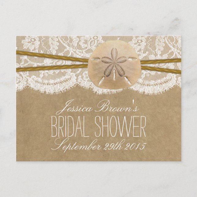 Kraft Lace Sand Dollar Beach Bridal Shower Recipe Invitation Postcard (Front)
