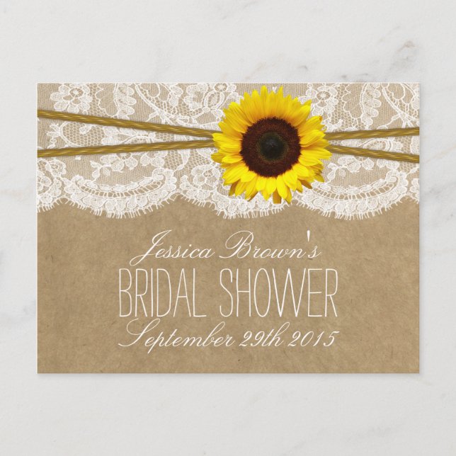 Kraft, Lace & Sunflower Bridal Shower Recipe Cards (Front)