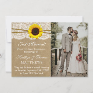 Kraft, Lace & Sunflower Wedding Photo Marriage Announcement