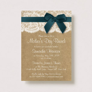 Kraft, Lace & Teal Bow Mother's Day Brunch Invitation