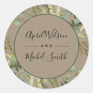 KRAFT LEAFY GREEN GOLD FOLIAGE WATERCOLOR WEDDING CLASSIC ROUND STICKER