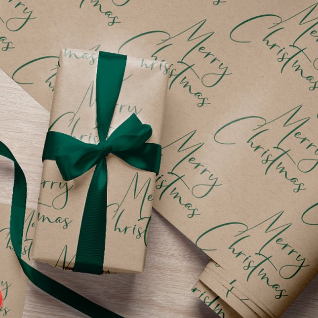 Kraft Merry Christmas Green Script Wrapping Paper (Creator Uploaded)