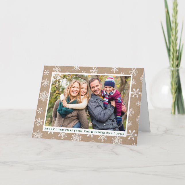 Kraft Merry Christmas Photo Snowflakes Fold Holiday Card (Front)