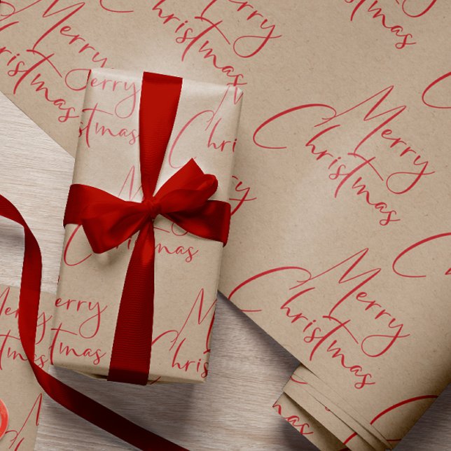 Kraft Merry Christmas Red Script Wrapping Paper (Creator Uploaded)