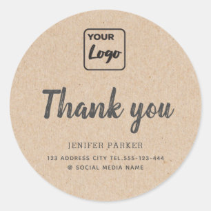 Kraft Minimalist script custom logo thank you Clas Classic Round Sticker