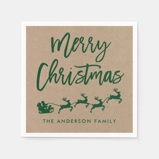 Kraft Modern Brush Script Santa Christmas Green Napkin (Front)