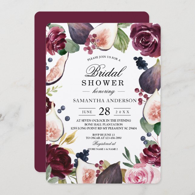 Kraft Moody & Rustic Burgundy Figs & Flowers Frame Invitation (Front/Back)