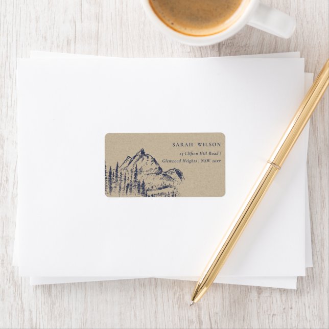 Kraft Navy Pine Woods Mountain Sketch Address Label (Insitu)