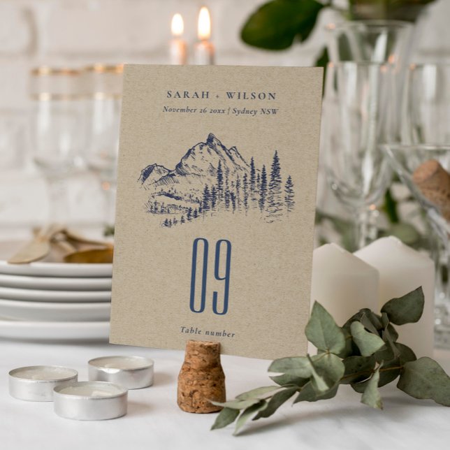Kraft Navy Pine Woods Mountain Sketch Wedding Table Number (Creator Uploaded)