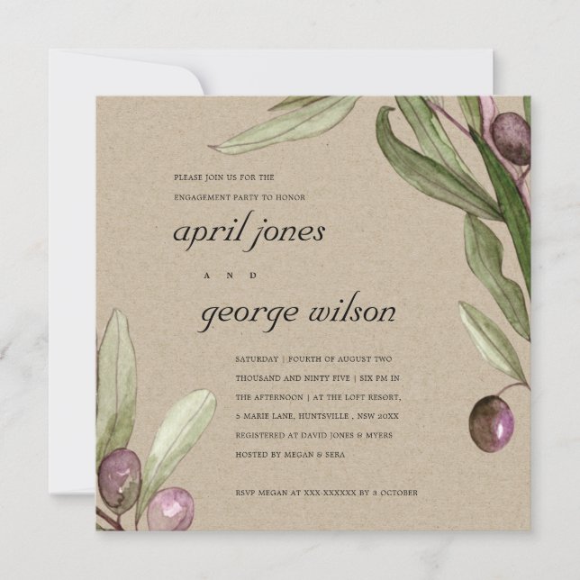 KRAFT OLIVE WATERCOLOR PURPLE ENGAGEMENT INVITE (Front)