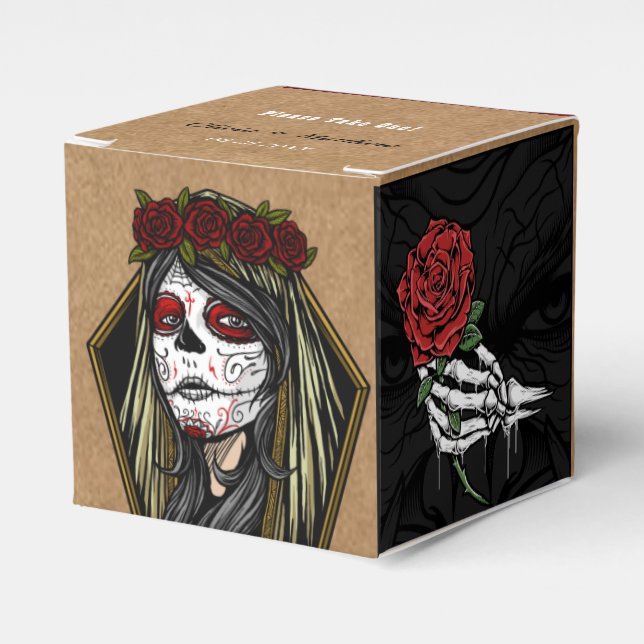 Kraft Painted Skull Face Roses Gothic Wedding Favour Box (Front Side)