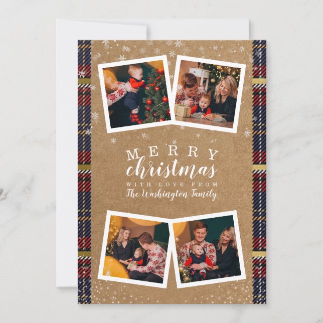 Kraft Paper 4 Photo Collage Merry Christmas Plaid Holiday Card (Front)
