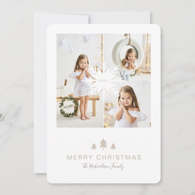 Kraft Paper Christmas Tree & Snowflake 3 Photo Holiday Card (Front)