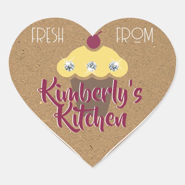 Kraft Paper Cute Brown Glitter Rhinestone Cupcake Heart Sticker (Front)