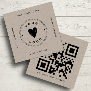 Kraft Paper Geometric QR Code & Logo Earthy Unique Square Business Card