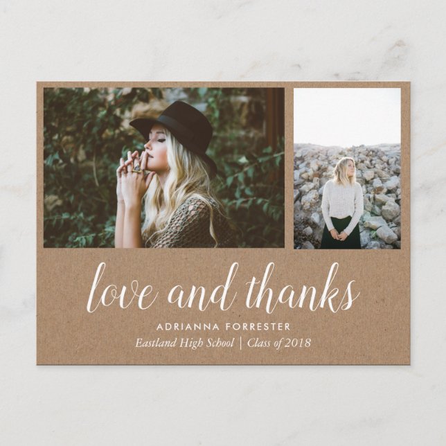 Kraft Paper Graduate Love And Thanks | Two Photos Announcement Postcard (Front)