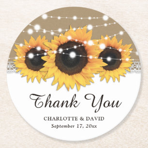 Kraft Paper Lace String Lights Sunflower Wedding Round Paper Coaster