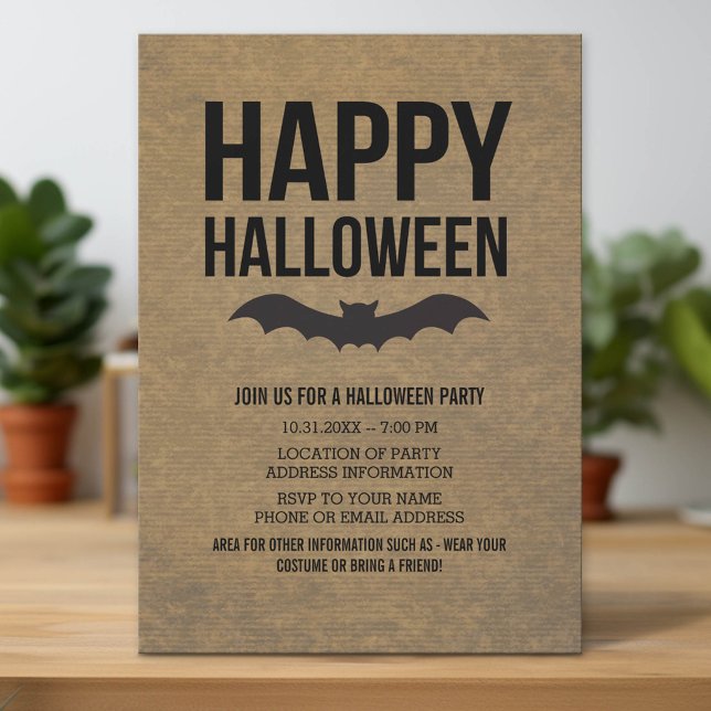 Kraft Paper Look Happy Halloween Rustic Bat Invitation (Custom Invitation with Download Option)