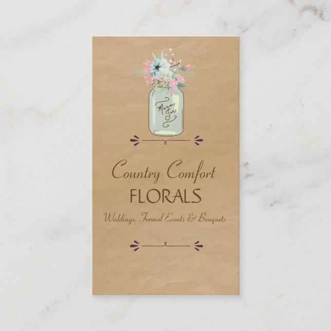 Kraft Paper Look Rustic Mason Jar Modern Floral Business Card (Front)