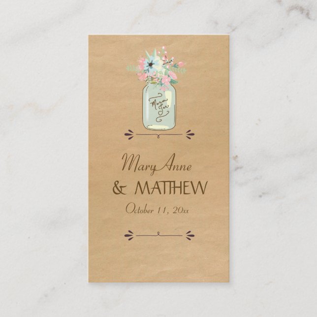 Kraft Paper Look Rustic Mason Jar Modern Floral Place Card (Front)